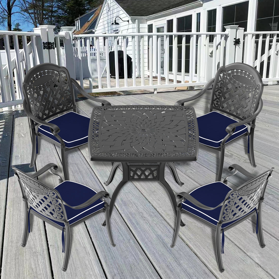 Cushions In Random Colors 5 Piece Set Of Cast Aluminum Patio Furniture With Cushions Yes Dining Set Black Seats 4 Rust Resistant Frame Water Resistant Cushion Garden & Outdoor Complete Patio Sets Aluminium