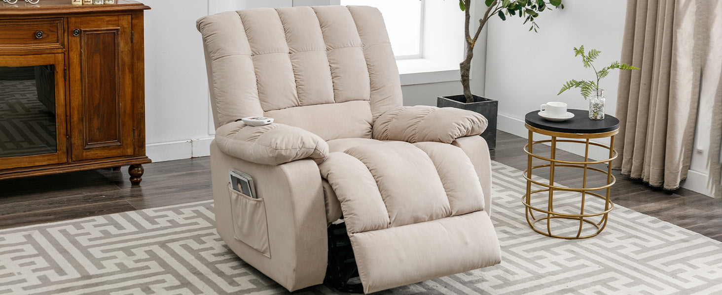 Massage Recliner Chair Electric Power Lift Recliner Chairs With Heat, Vibration, Side Pocket For Living Room Bedroom, Beige Beige Velvet