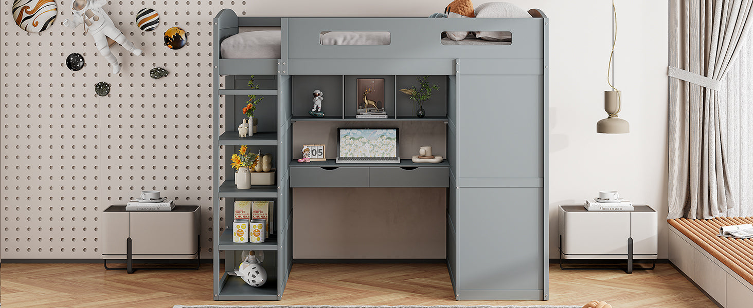 Full Size Loft Bed With Desk, Wardrobes, 4 Drawers And 4 Shelves Gray Full Gray Solid Wood