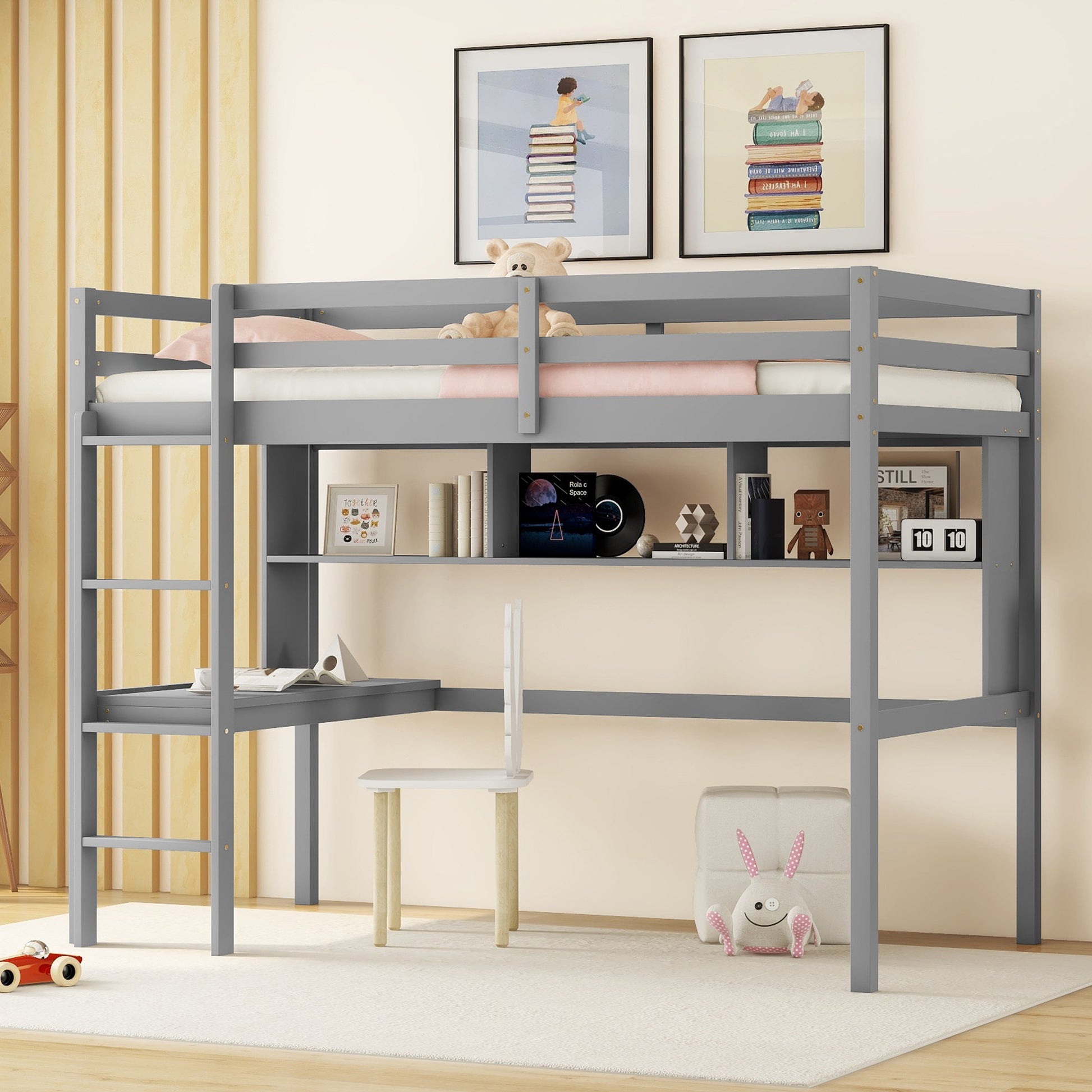 Twin Loft Bed With Built In Desk And Bookcase Of Three Compartments, Guardrails And Ladder,Grey Twin Grey Pine