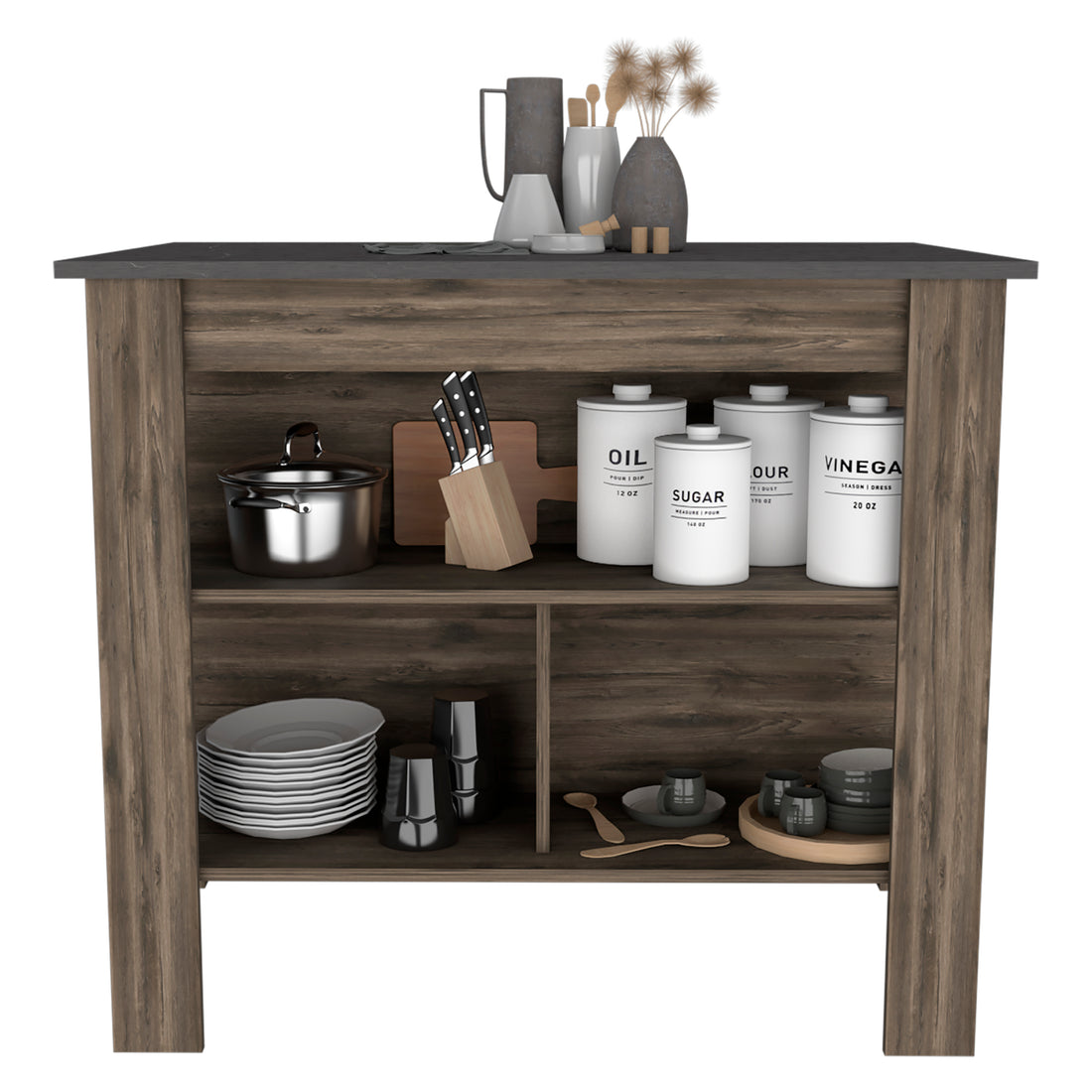 Kitchen Island, Kitchen Table 35" H, Four Legs, Three Open Storage Shelves, Dark Brown Onix Multicolor Particle Board Particle Board