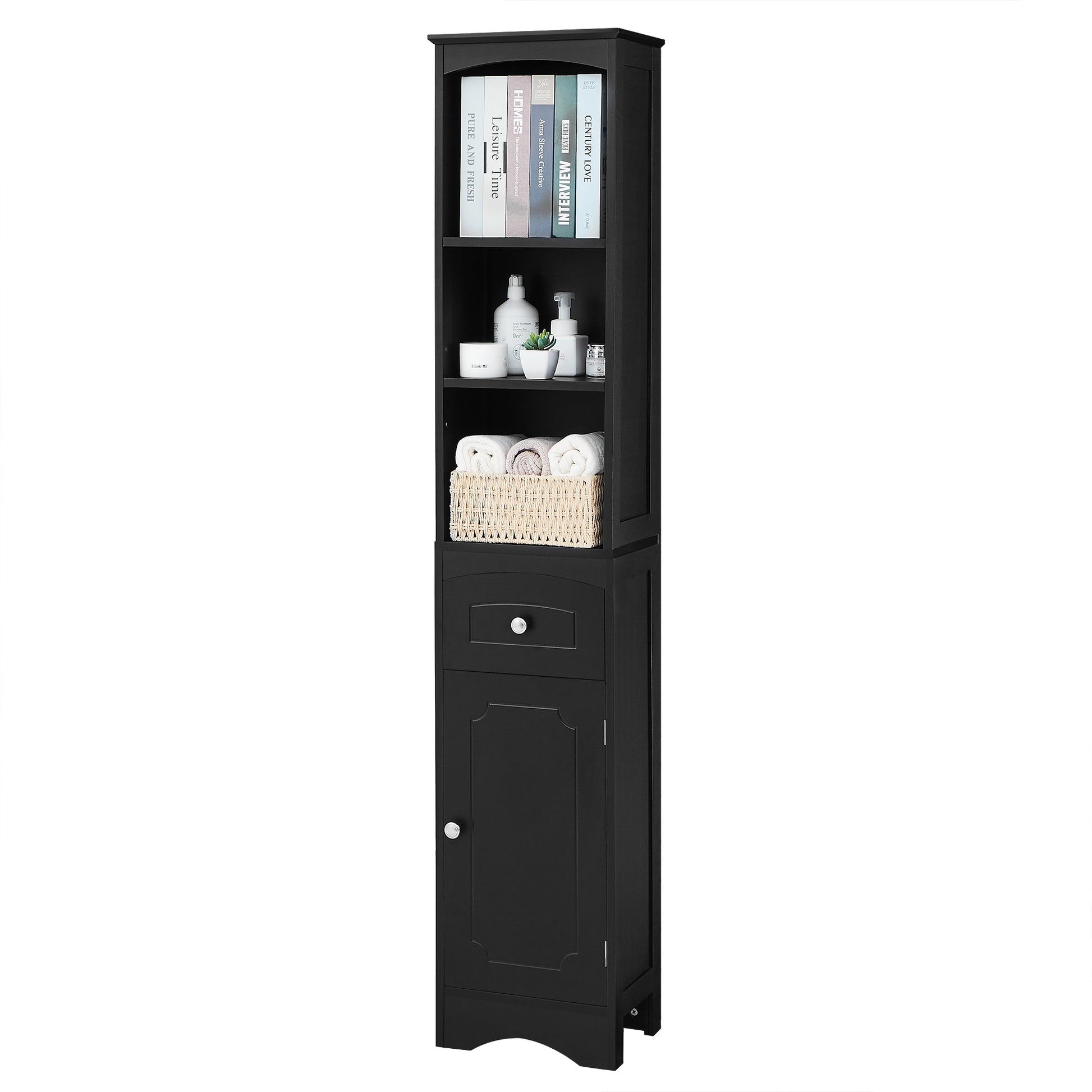 Tall Bathroom Cabinet, Freestanding Storage Cabinet With Drawer, Mdf Board, Adjustable Shelf, Black Black Mdf