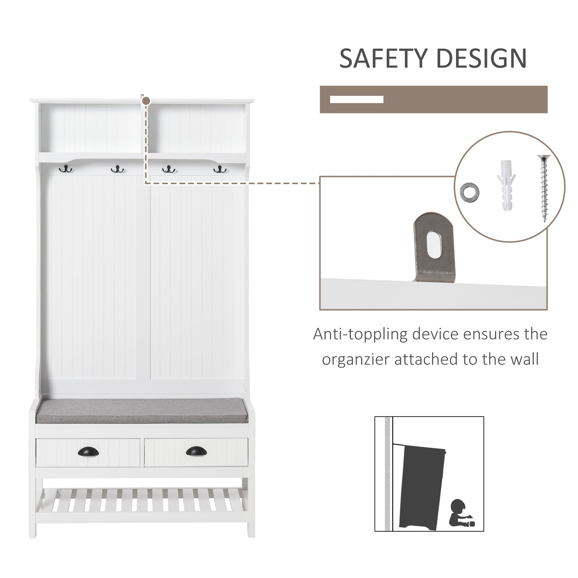 Homcom 3 In 1 Hall Tree, Entryway Bench With Coat Rack, Mudroom Bench With Shoe Rack, 2 Storage Drawers, 4 Hooks And Padded Seat Cushions For Hallway, White White Mdf