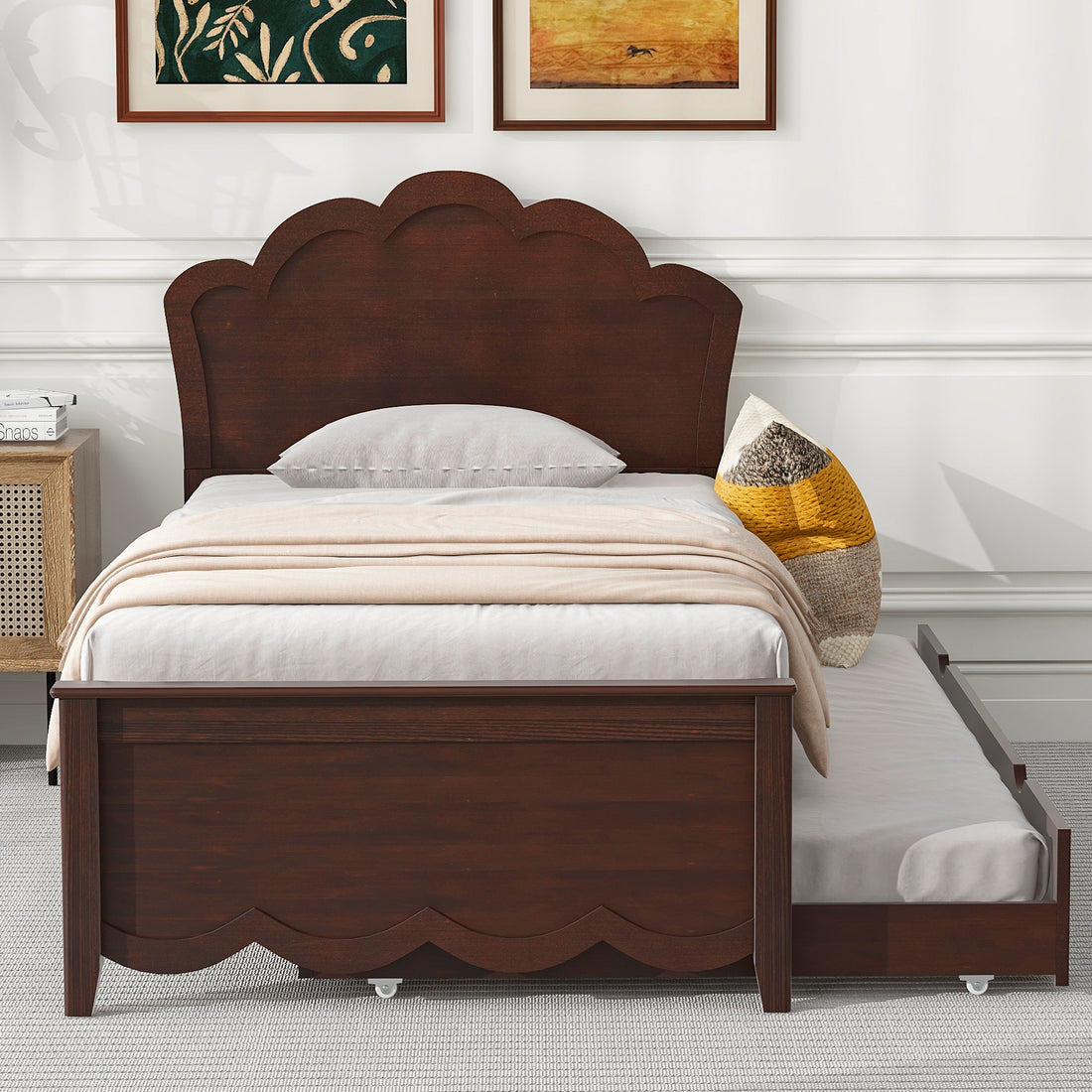 Twin Size Wood Platform Bed With Headboard And Twin Size Trundle, Cappuccino Box Spring Not Required Twin Cappuccino Wood Bed Frame Solid Wood Mdf