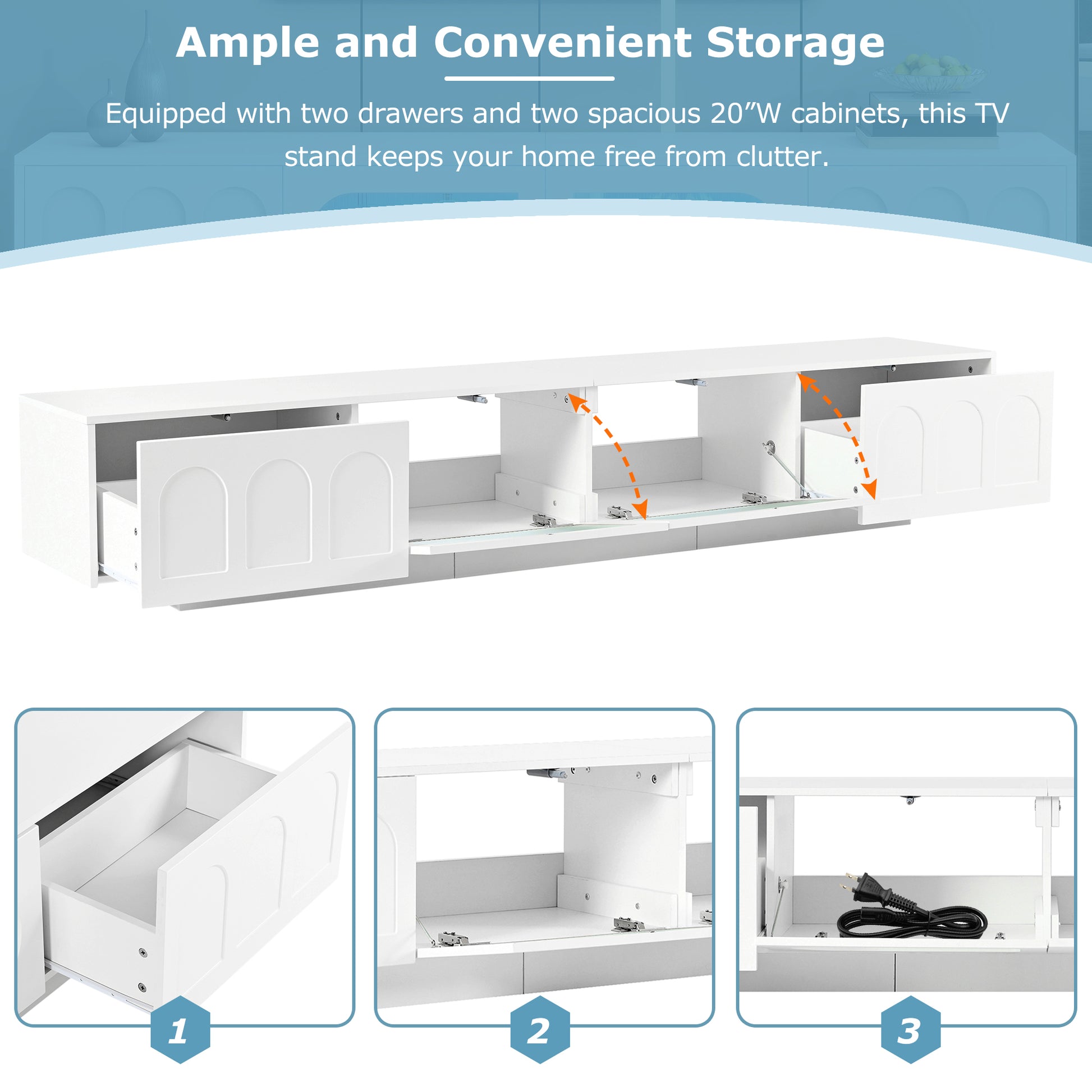 Tv Stand With Fluted Tempered Glass Doors For Tvs Up To 95'', Functional Media Console With Arched Cabinet Doors, Entertainment Center With App Controlled Led Light For Living Room, White White Primary Living Space 90 Inches Or Larger 90 Inches Or Larger