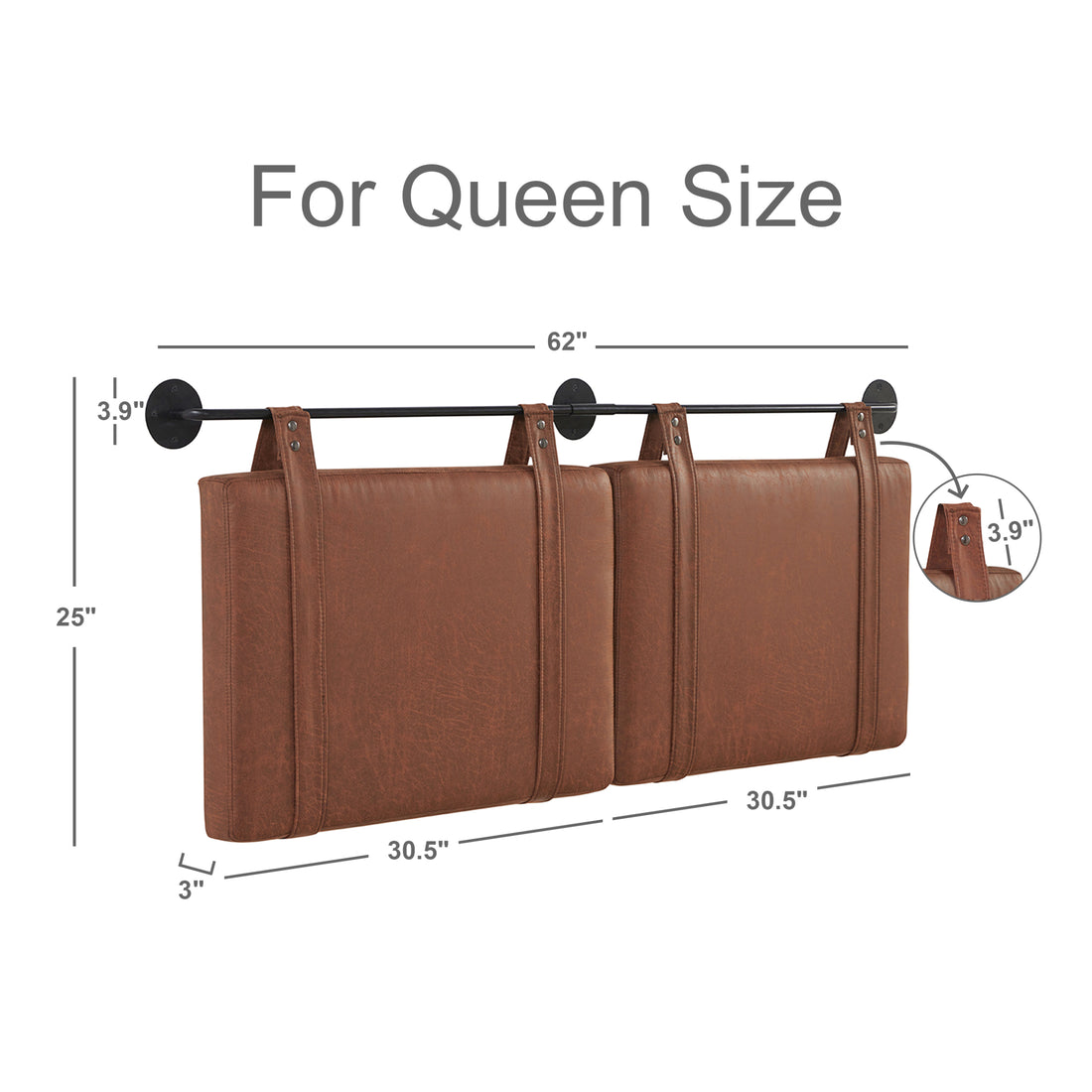 Wall Mounted Headboard Queen With Brown Faux Leather Straps, Faux Leather Upholstered Headboard With Adjustable Height Headboard, Queen Headboard With Metal Bar For Dining Room, Bedroom, Brown Queen Brown Bed Frame Genuine Leather Fabric Metal