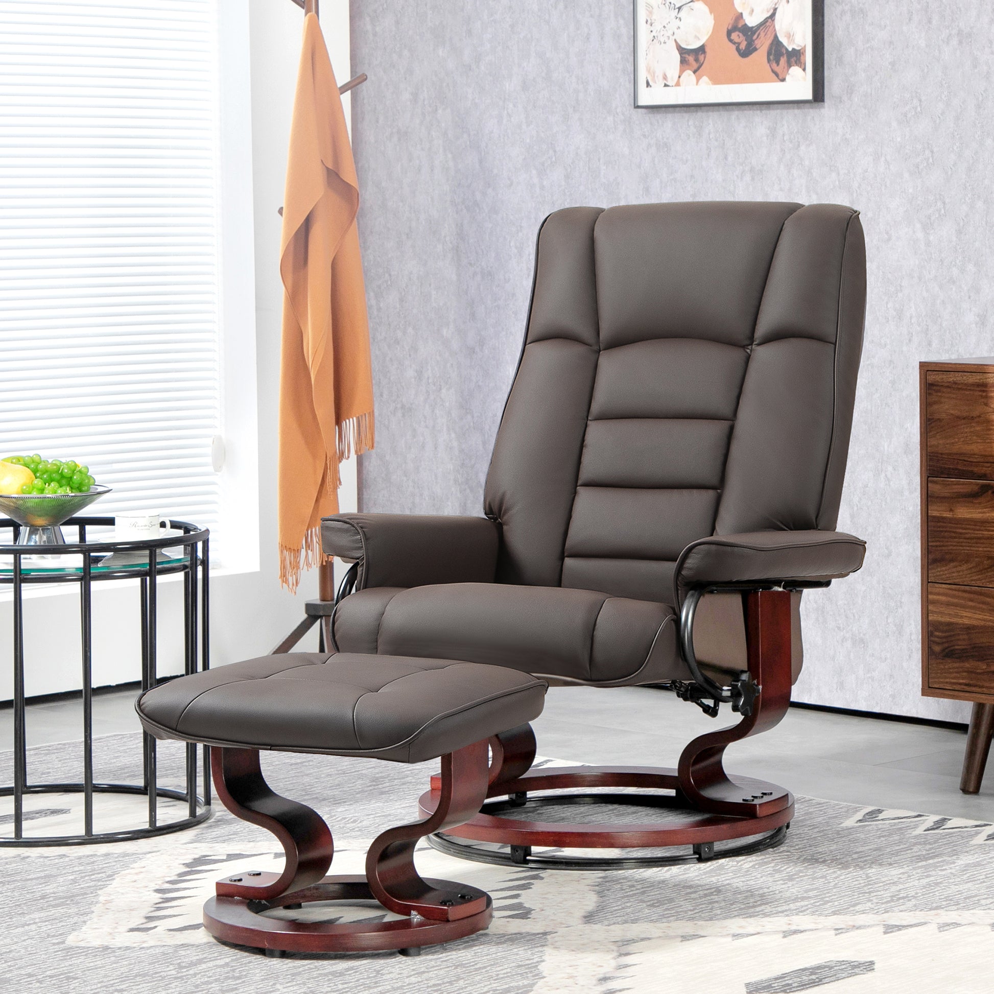 Homcom Recliner With Ottoman, Swivel Recliner Chair And Ottoman, Faux Leather Reclining Chair With High Back And Wood Frame For Living Room, Bedroom, Brown Brown Faux Leather