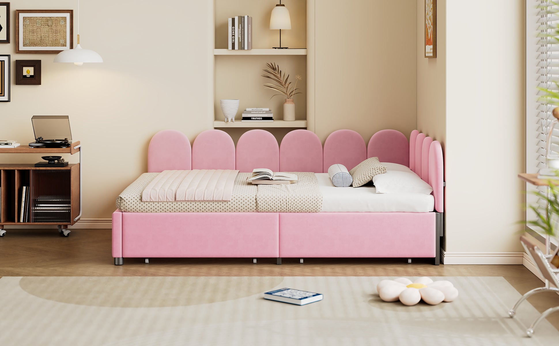 Full Size Upholstered Daybed With 2 Drawers,Velvet Sofabed With Soft Fabric Headboard, No Box Spring Needed, Pink Full Pink Wood Fabric