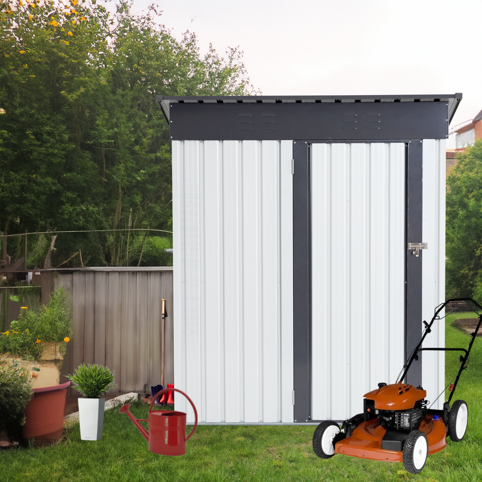 Xwt016 Garden Metal Storage Lifter Shed Gray White 5X3X6Ft Outdoor Storing Tools Rainproof Hinge Door Version Grey Metal