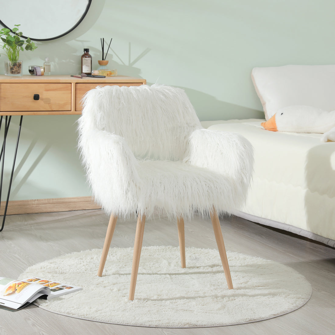 White Faux Fur Upholstered Make Up Chair Side Dining Chair With Metal Leg White Beech Metal Leg White Faux Fur