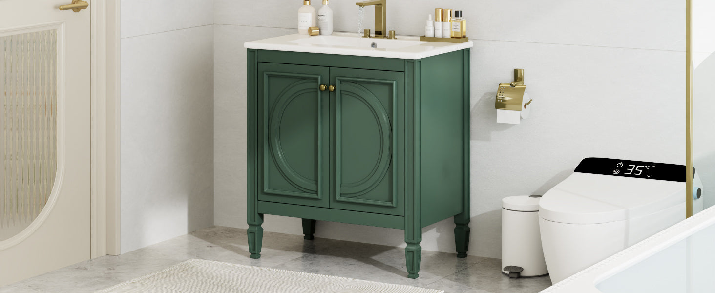 30" Bathroom Vanity With Sink, Two Doors With Shelf, Soft Close Door Hinges, Vintage Style, Green Green Ceramic Mdf,Rubber Wood