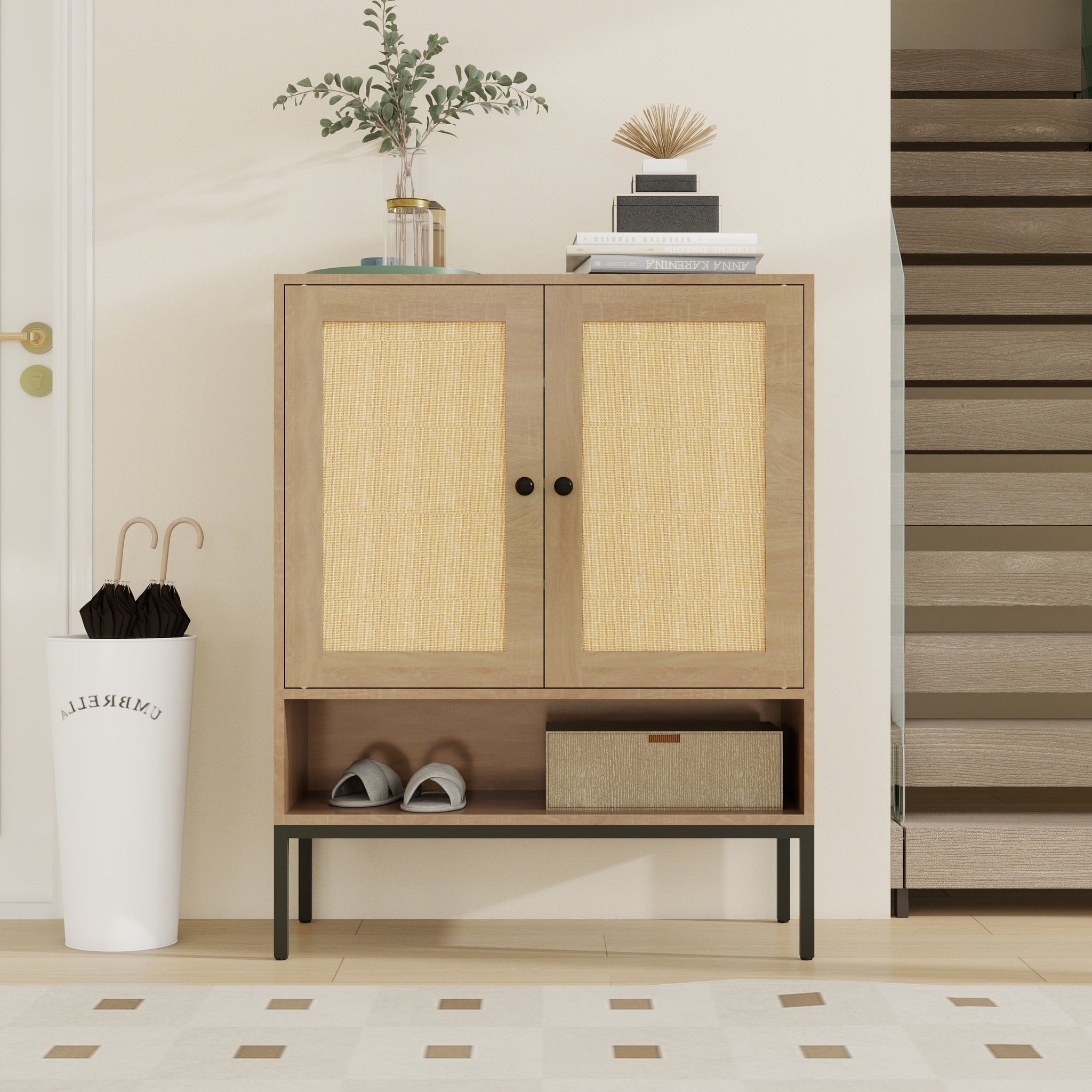 Rattan Shoe Cabinet With Adjustable Shelves, 5 Tier Shoe Storage Cabinet With Doors & Bottom Cubby, Wooden Shoes Rack Organizer For Entryway, Natural Natural Wood Mdf Metal