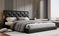 Queen Size Tufted Upholstered Platform Bed, Black Box Spring Not Required Queen Black Wood Bedroom Bed Frame Faux Leather Upholstered