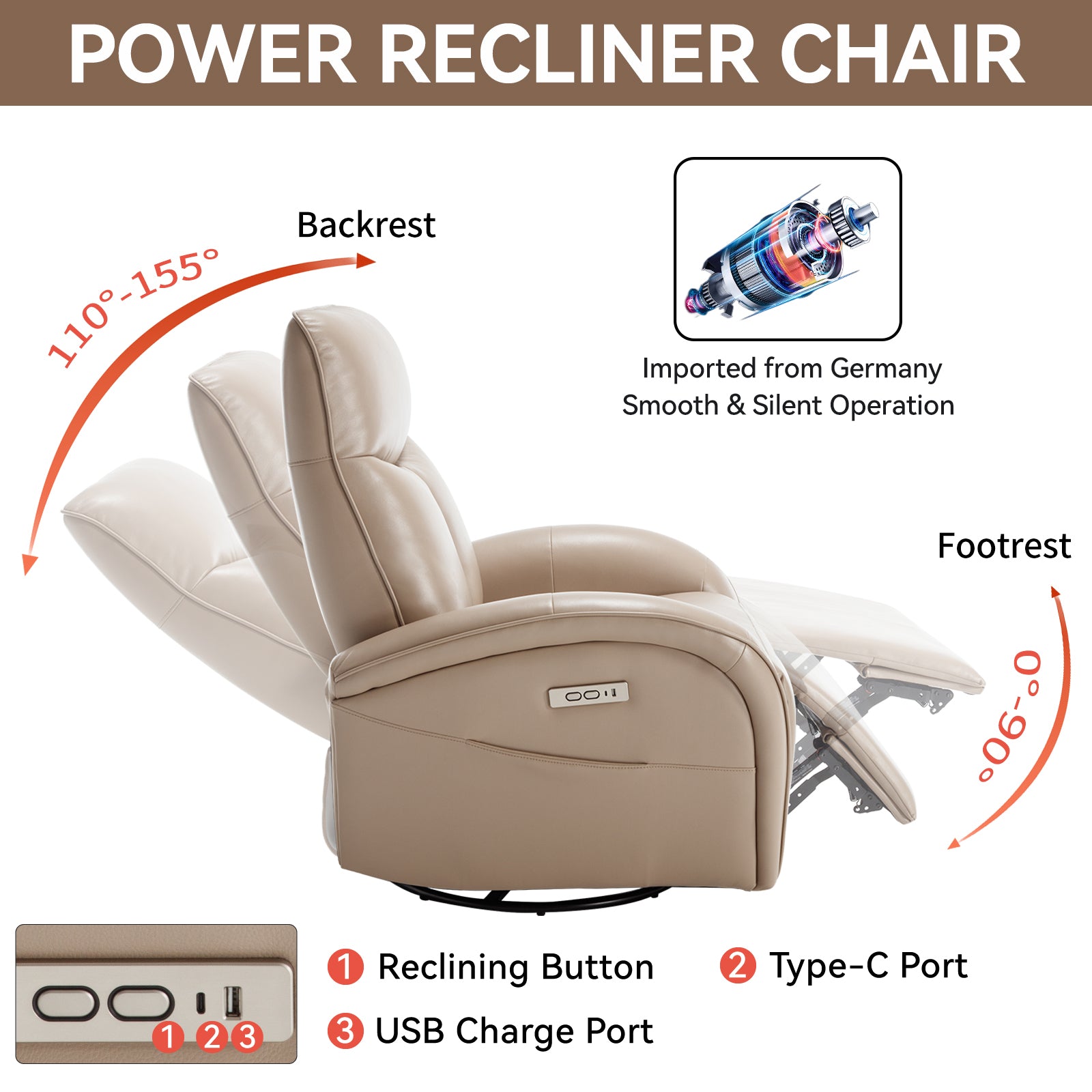 Brown Leatheraire Swivel And Rocker Power Recliner Chair With Lumbar Support, Max Swivel Degree 270 , Heavy Duty Motion Mechanism With Usb And Type C Ports Brown Faux Leather Power Push Button Metal Primary Living Space Medium Firm Pillow Back Heavy Duty