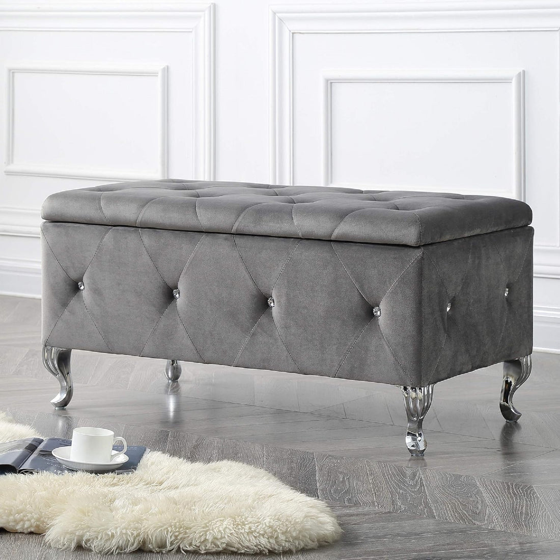 1Pc Glam 38 Inches Storage Ottoman Bench For Upholstered Tufted Gray Velvet Polyester Organizer Bedroom Living Room Entryway Hallway Tufted Gray Polyester Primary Living Space Solid Grey Traditional Foam Faux Leather