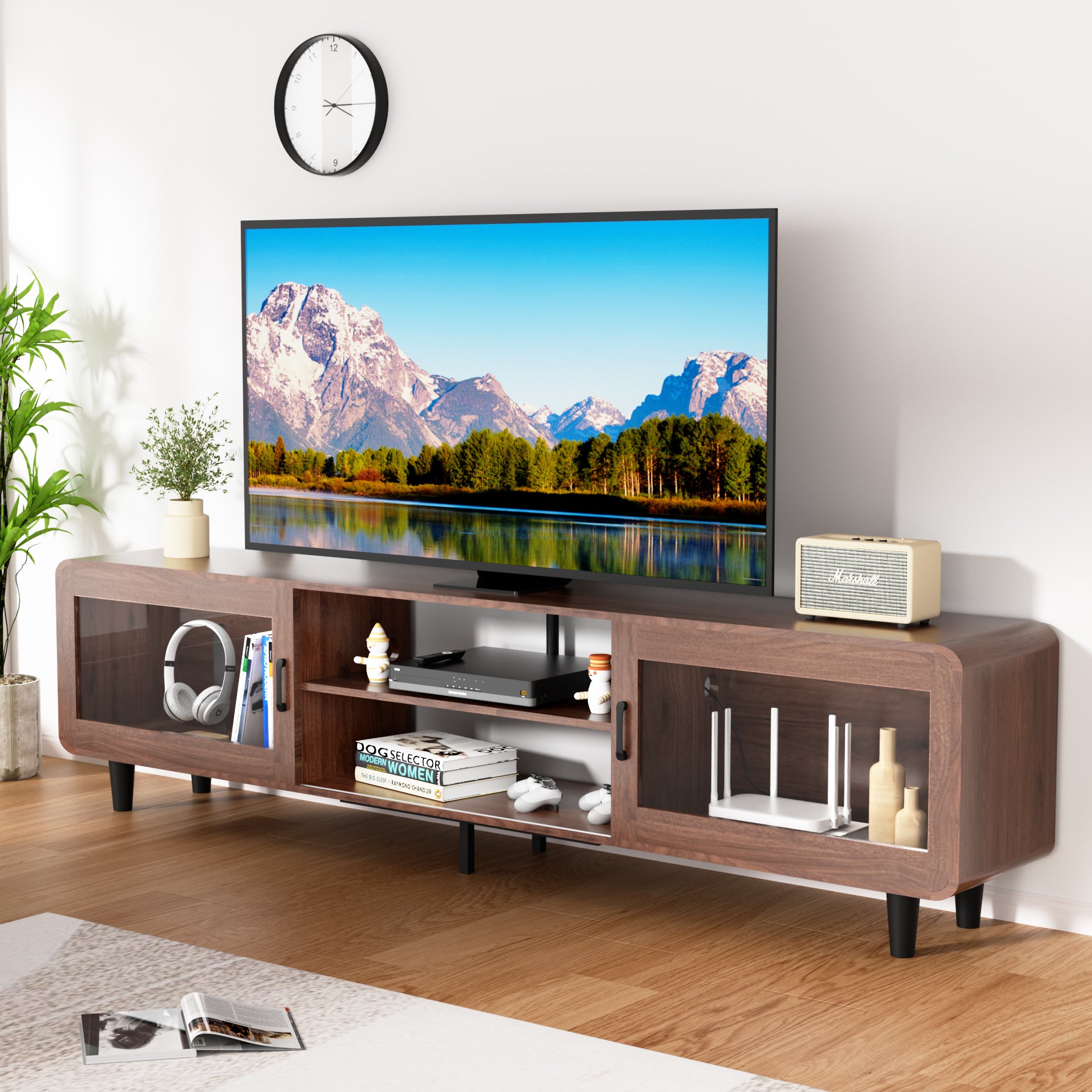 Mid Century Modern Tv Stand For 55 60 65 70 Inch Tv, Wood Entertainment Center With Power Outlets, Media Console With Sliding Doors And Open Shelf For Living Room, Walnut Walnut 60 69 Inches Wood