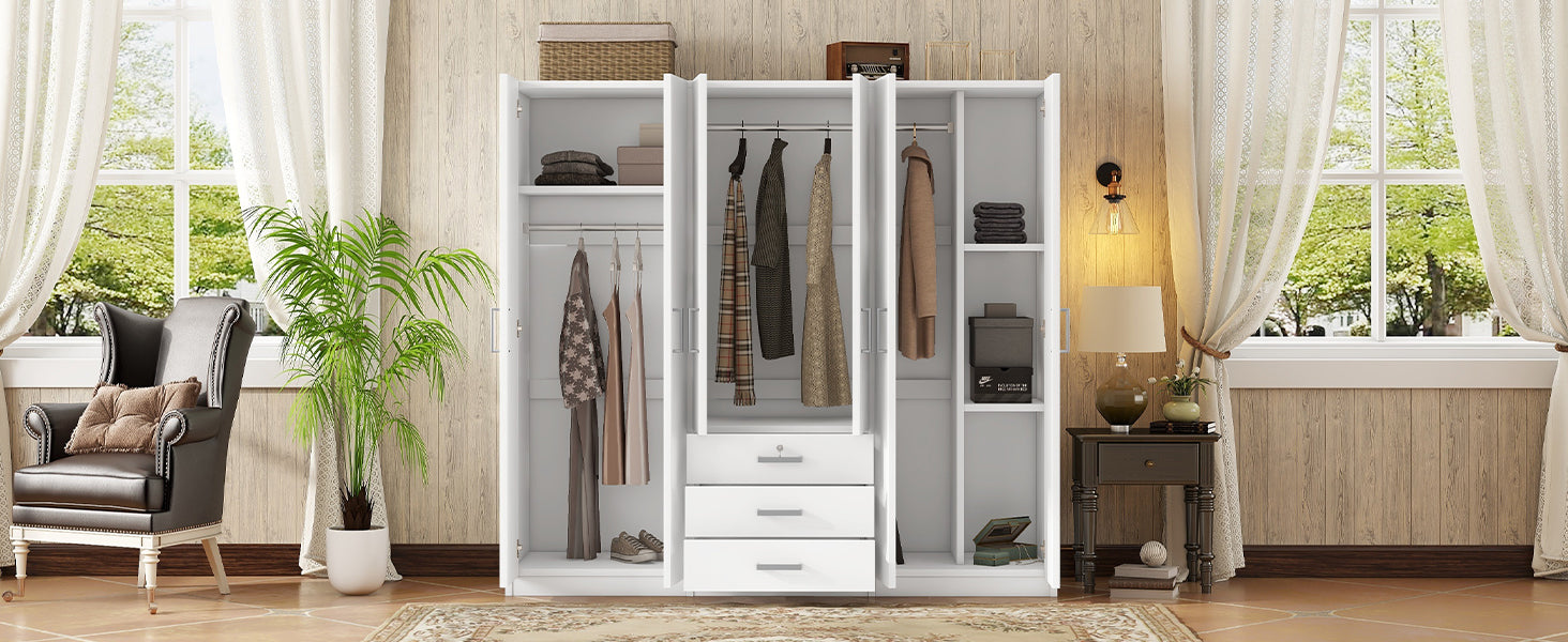 6 Doors Wooden Wardrobe Storage For Bedroom, With Big Drawers, White White Plywood