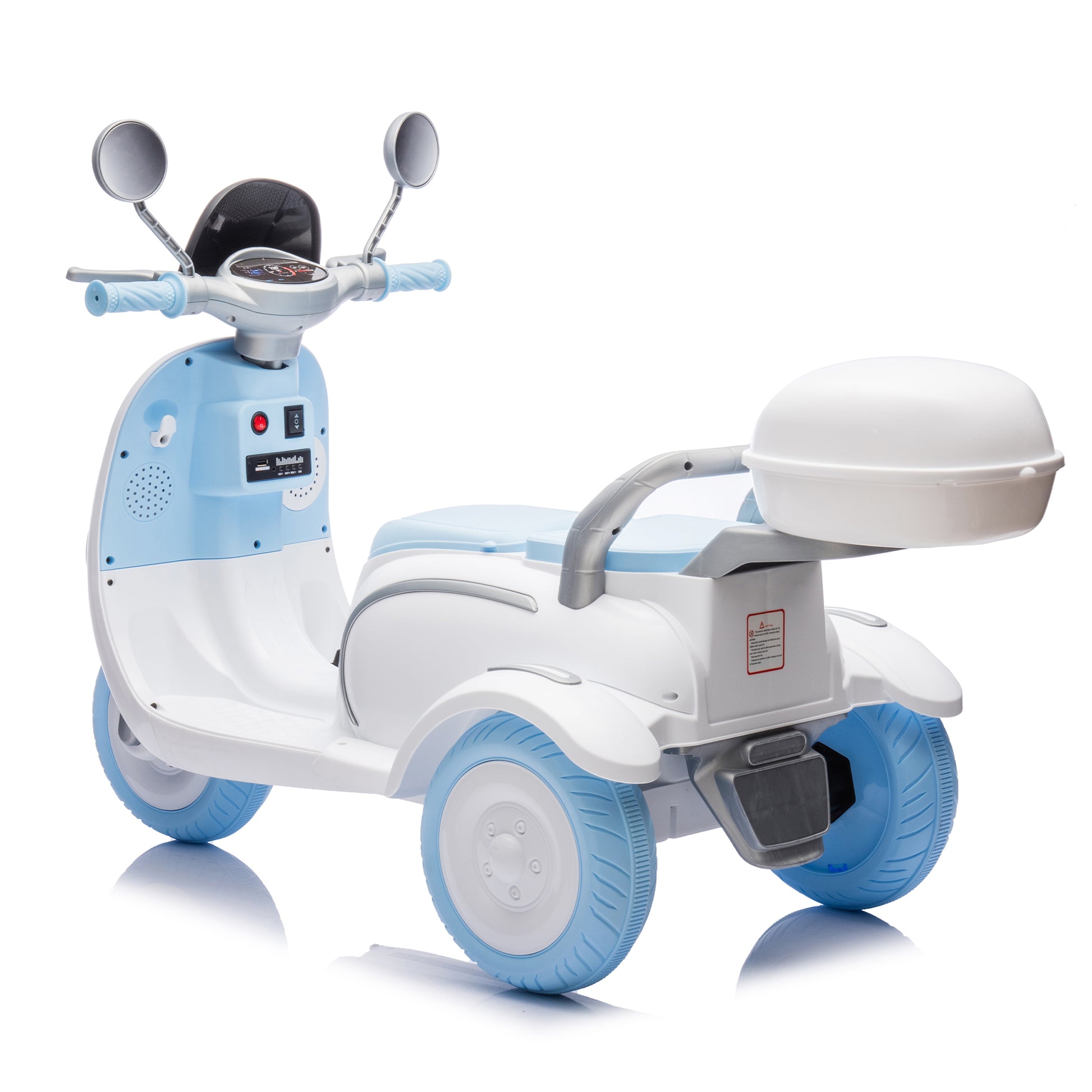 12V Two Seater Kids Ride On Electric Motorcycle,Three Wheels Kids Toy With Slow Start,Multi Function Player,Usb,Bluetooth, Light,Backseat Flip Adult Seat, Oversized Storage Box For Kids Aged 3 6. Blue Plastic