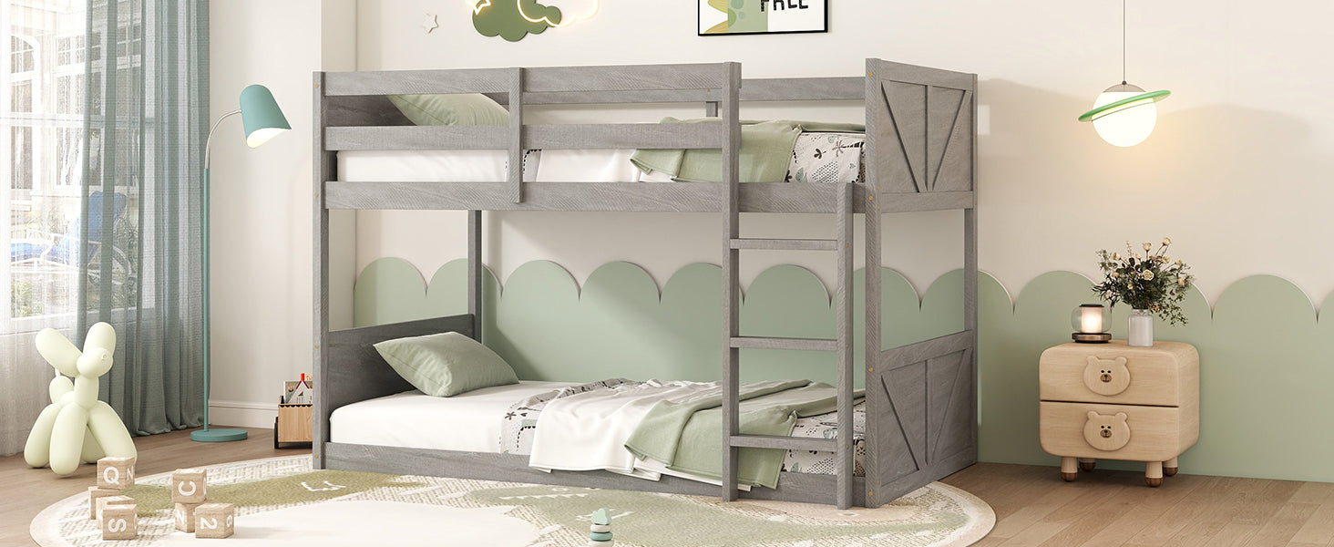 Twin Over Twin Floor Bunk Bed With Panelled Headboard And Footboard, Solid Rubber Wood Foundation With Safety Guardrails, Built In Ladder,Antique White Twin Antique White Rubber Wood