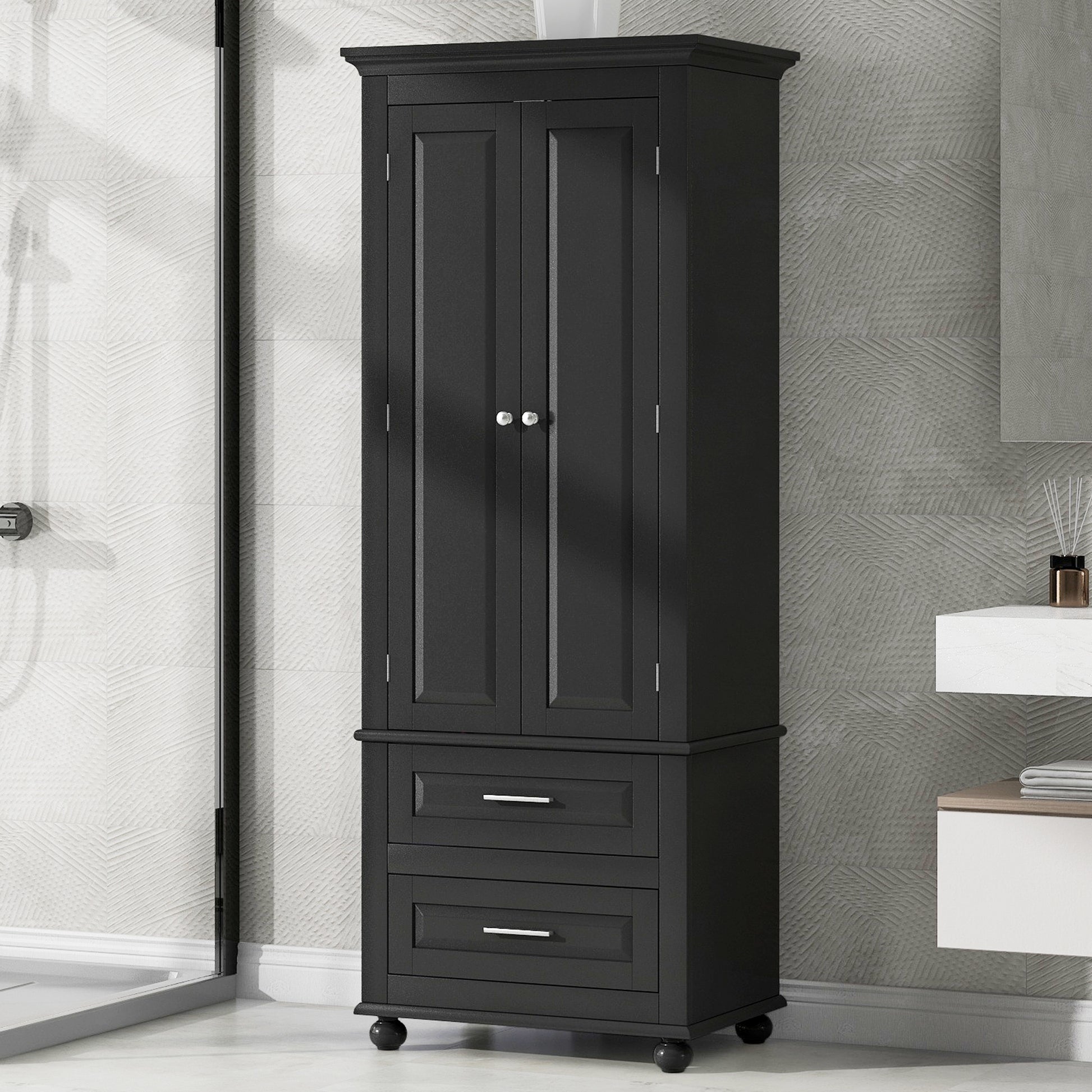 Tall Storage Cabinet With Two Drawers For Bathroom Office, Black Black Mdf