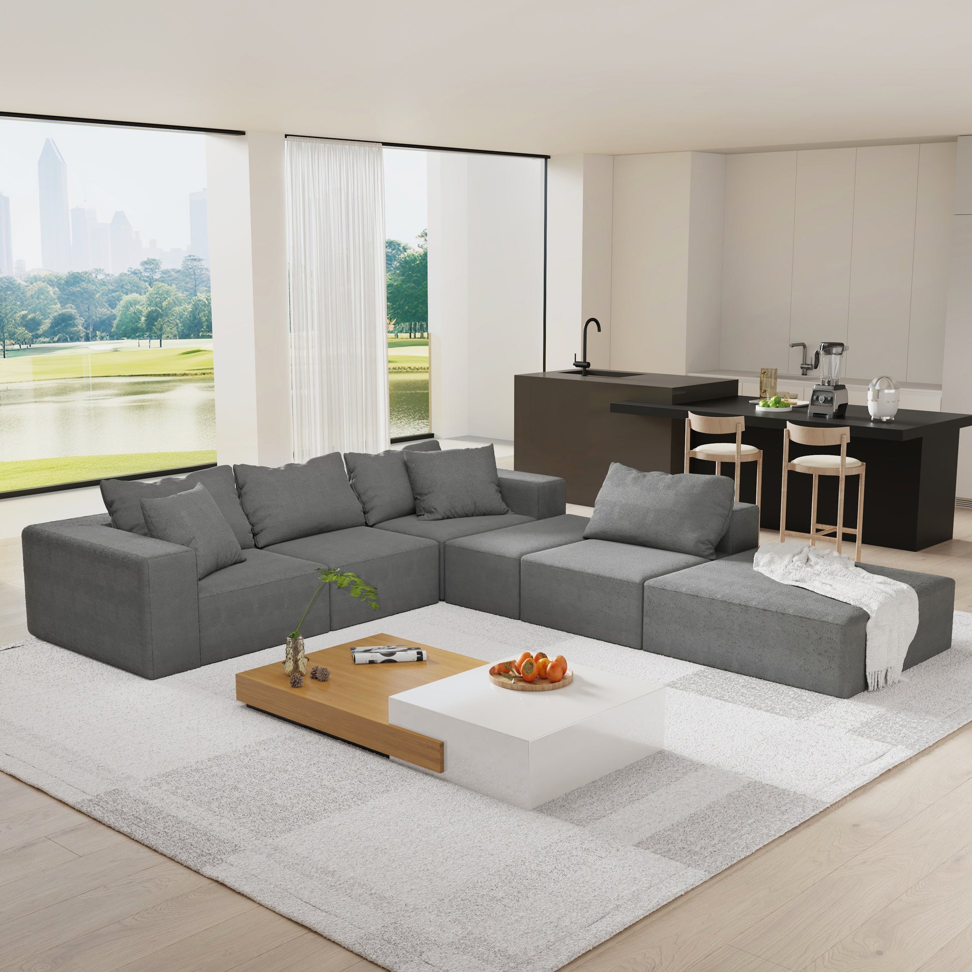 Modern Upholstered Sectional Sofa Couch Set,Modular 132" L Shaped Sectional Living Room Sofa Set With 6 Pillows,Free Combination Sofa Couch For Living Room,Bedroom Grey Foam Chenille 6 Seat