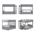 Wood Full Size Convertible Bunk Bed With Storage Staircase, Bedside Table, And 3 Drawers, Gray Gray Solid Wood Mdf