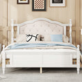 Queen Pine Wooden Bed With Upholstered Headboard And Panel Footboard, With Two Bed Rail Support Feet And Central Platform Support Feet ,White Queen White Pine