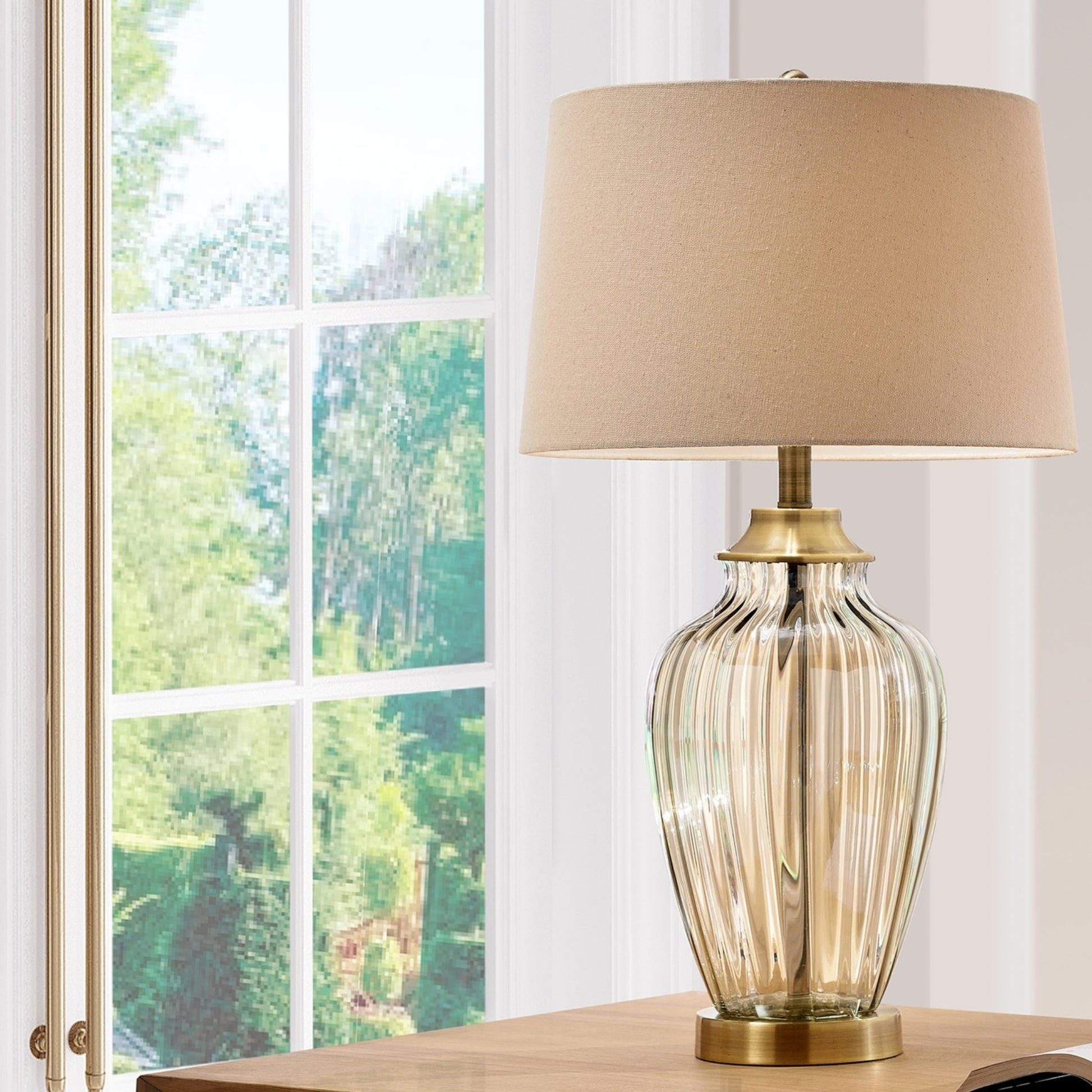 28.5" Tall Glass Table Lamp "Golden Gaze" With Antique Bronze Finish, Linen Shade Champagne Glass