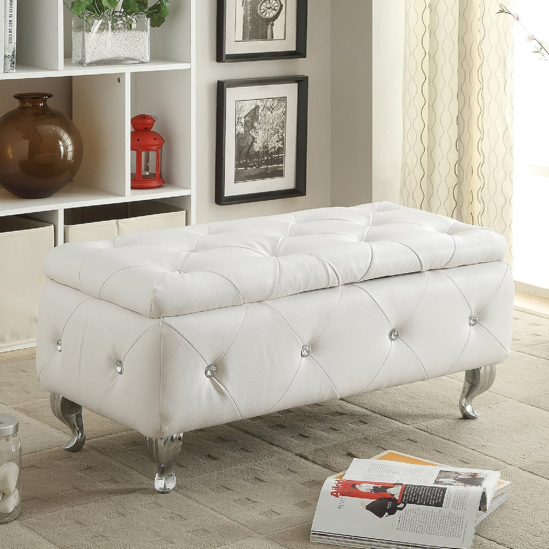 1Pc Glam 38 Inches Storage Ottoman Bench For Upholstered Tufted White Faux Leather Organizer Bedroom Living Room Entryway Hallway Tufted White Faux Leather Primary Living Space Solid White Traditional Foam Faux Leather