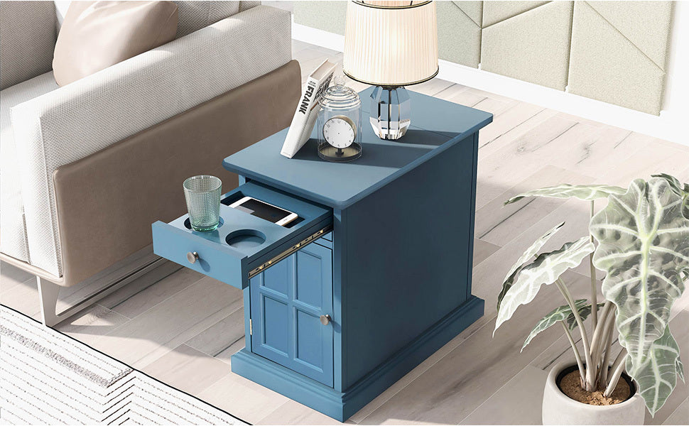 Classic Vintage Livingroom End Table Side Table With Usb Ports And One Multifunctional Drawer With Cup Holders, Antique Navy Antique Navy Solid Wood