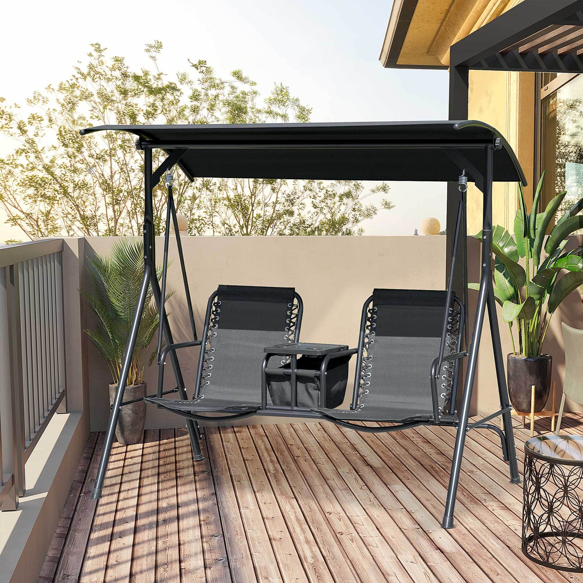 Outsunny 2 Seat Patio Swing Chair, Outdoor Canopy Swing Glider With Pivot Storage Table, Cup Holder, Adjustable Shade, Bungie Seat Suspension And Weather Resistant Steel Frame, Black Black Rubber