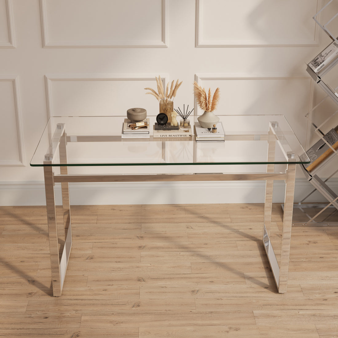 Modern Minimalist Rectangular Glass Dining Table For 4 6 With 0.31" Tempered Glass Tabletop And Silver Chrome Metal Legs, Writing Table Desk, For Kitchen Dining Living Room, 51" W X 27"D X 30" H Transparent Glass Glass
