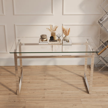Modern Minimalist Rectangular Glass Dining Table For 4 6 With 0.31" Tempered Glass Tabletop And Silver Chrome Metal Legs, Writing Table Desk, For Kitchen Dining Living Room, 51" W X 27"D X 30" H Transparent Glass Glass