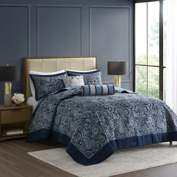 5 Piece Jacquard Bedspread Set With Throw Pillows Navy Queen Queen Navy Cotton