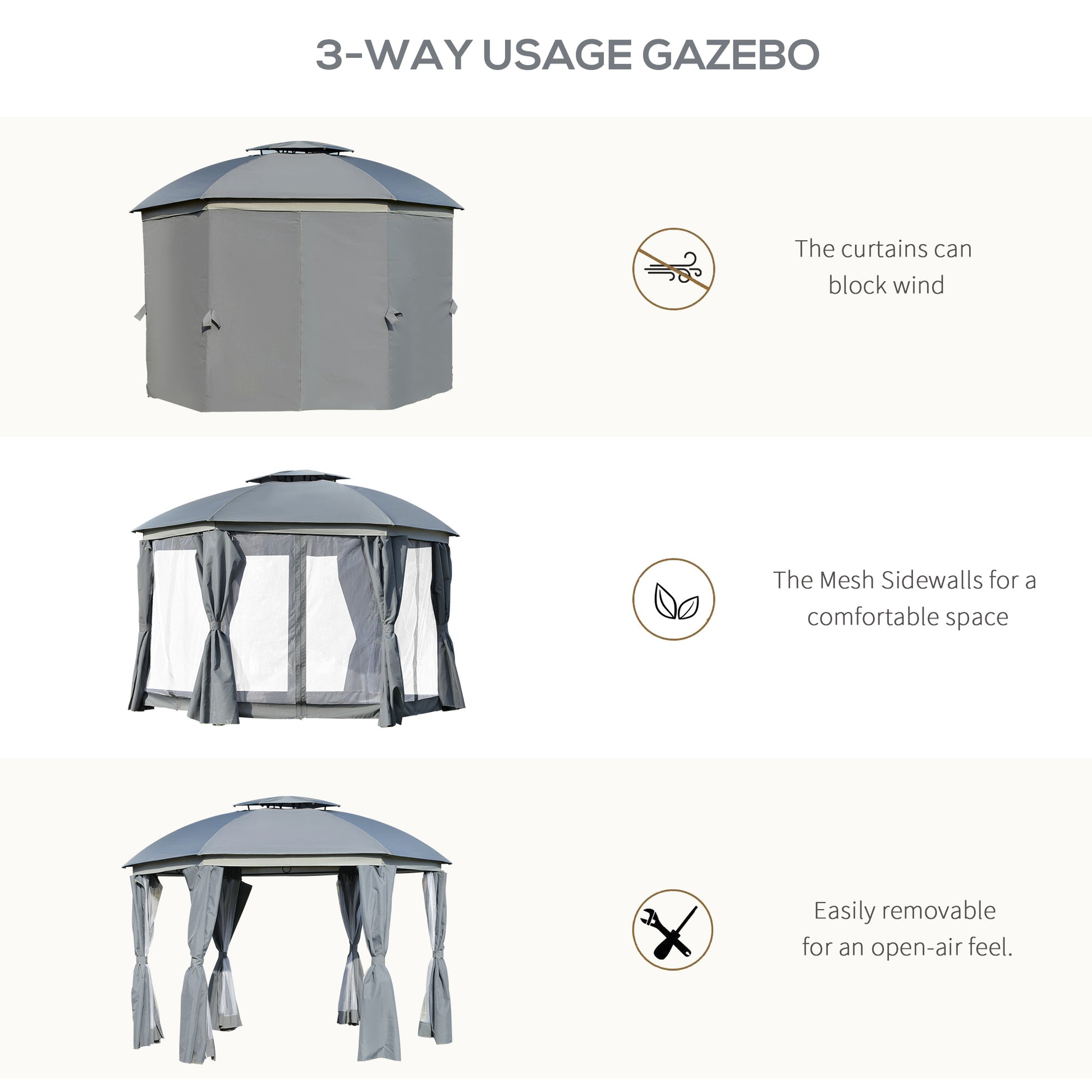 Outsunny 12' X 12' Round Outdoor Gazebo, Patio Dome Gazebo Canopy Shelter With Double Roof, Netting Sidewalls And Curtains, Zippered Doors, Strong Steel Frame, Grey Gray Steel