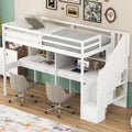 Twin Size Loft Bed Frame With Storage Staircase And Double Desks And Shelves,White Twin White Solid Wood Mdf