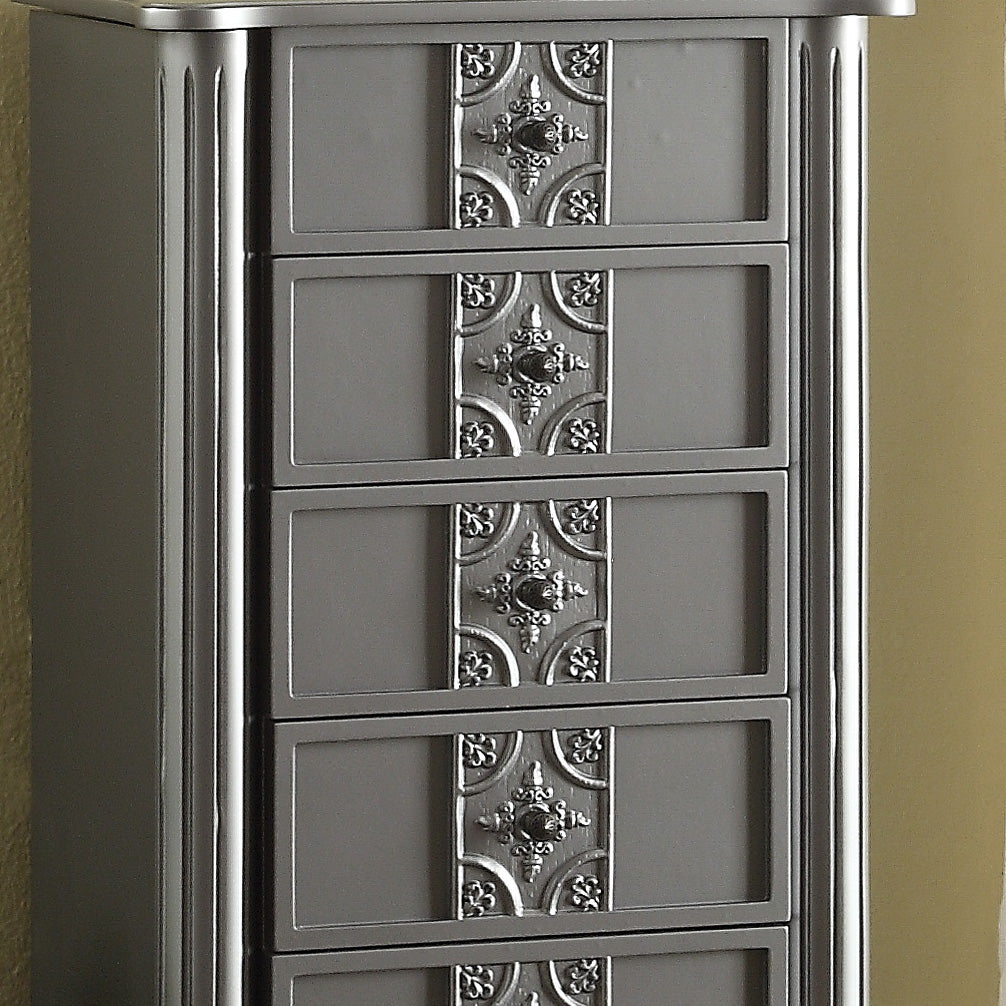 Silver 4 Drawer Jewelry Armoire With Mirror Silver Bedroom Poplar Wood Glass