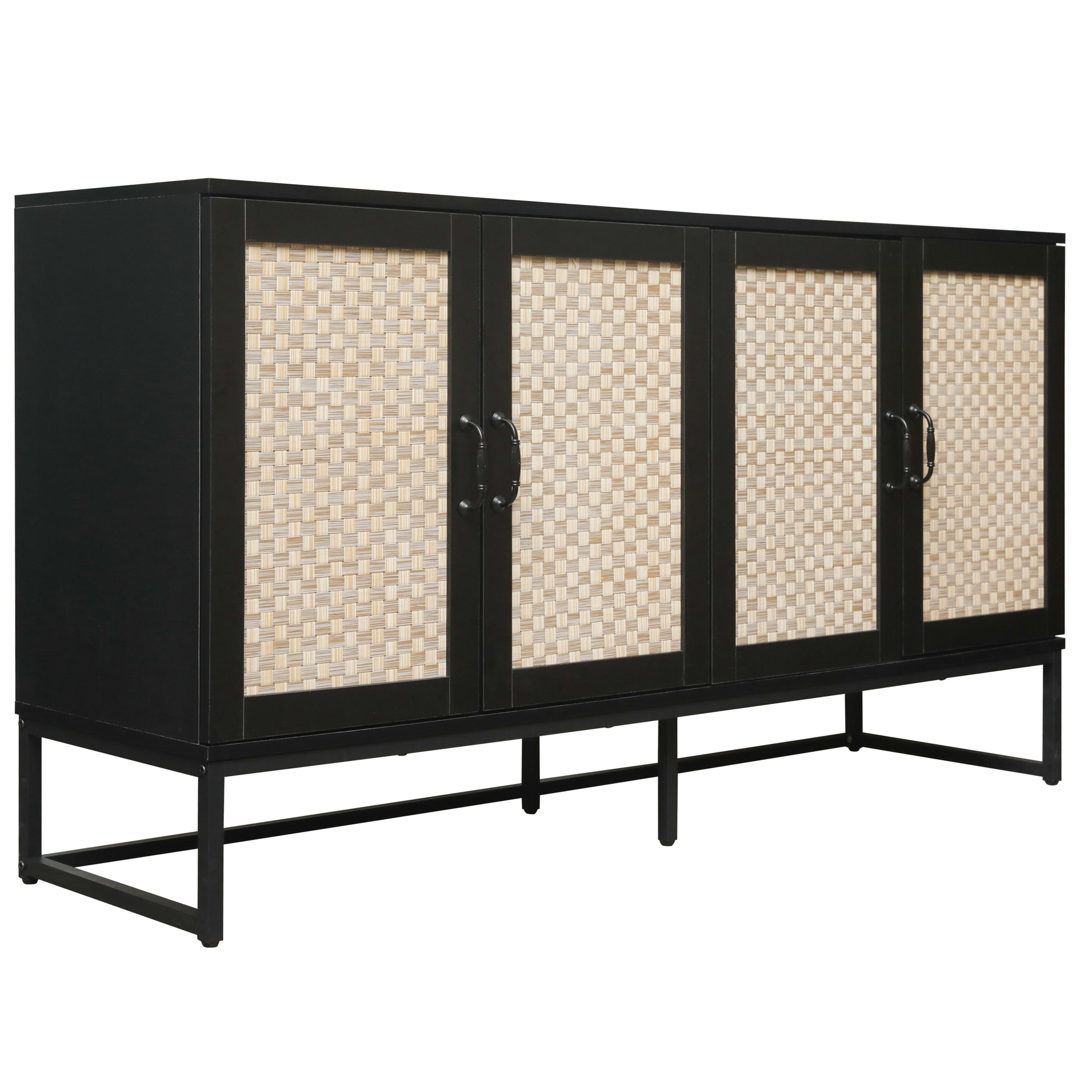 Rattan 4 Door Sideboardsideboard Buffet Storage Cabinet,Accent Storage Cabinetlarge Cabinet With 4 Rattan Decorated Doors For Living Room Dining Room Black Modern Particle Board Mdf