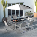 Outsunny 8 Piece Patio Dining Set With Table Umbrella, 6 Folding Chairs And Rectangle Dining Table, Outdoor Patio Furniture Set, Gray Grey Metal