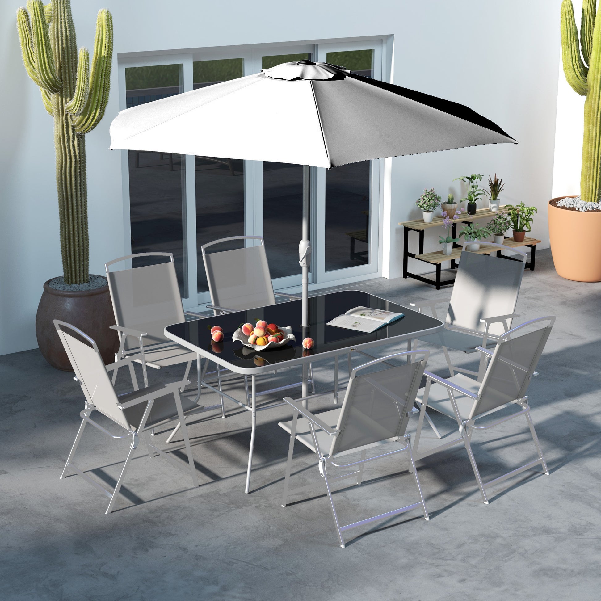 Outsunny 8 Piece Patio Dining Set With Table Umbrella, 6 Folding Chairs And Rectangle Dining Table, Outdoor Patio Furniture Set, Gray Grey Metal