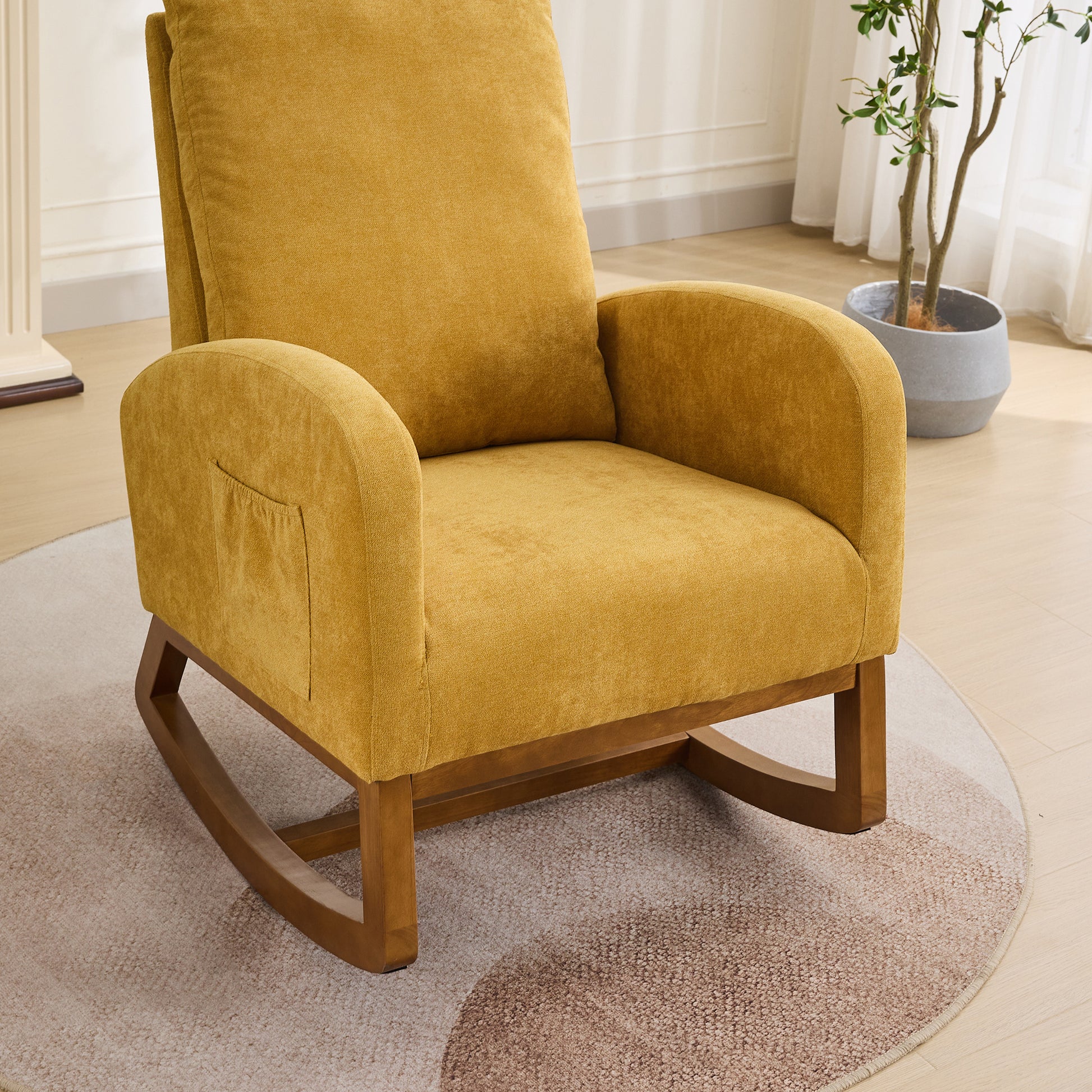 27.2"W Rocking Chair For Nursery, Polyester Glider Chair With High Back And Side Pocket, Rocking Accent Armchair With Rubber Wood Legs For Living Room Bedroom.Mustard Mustard Polyester