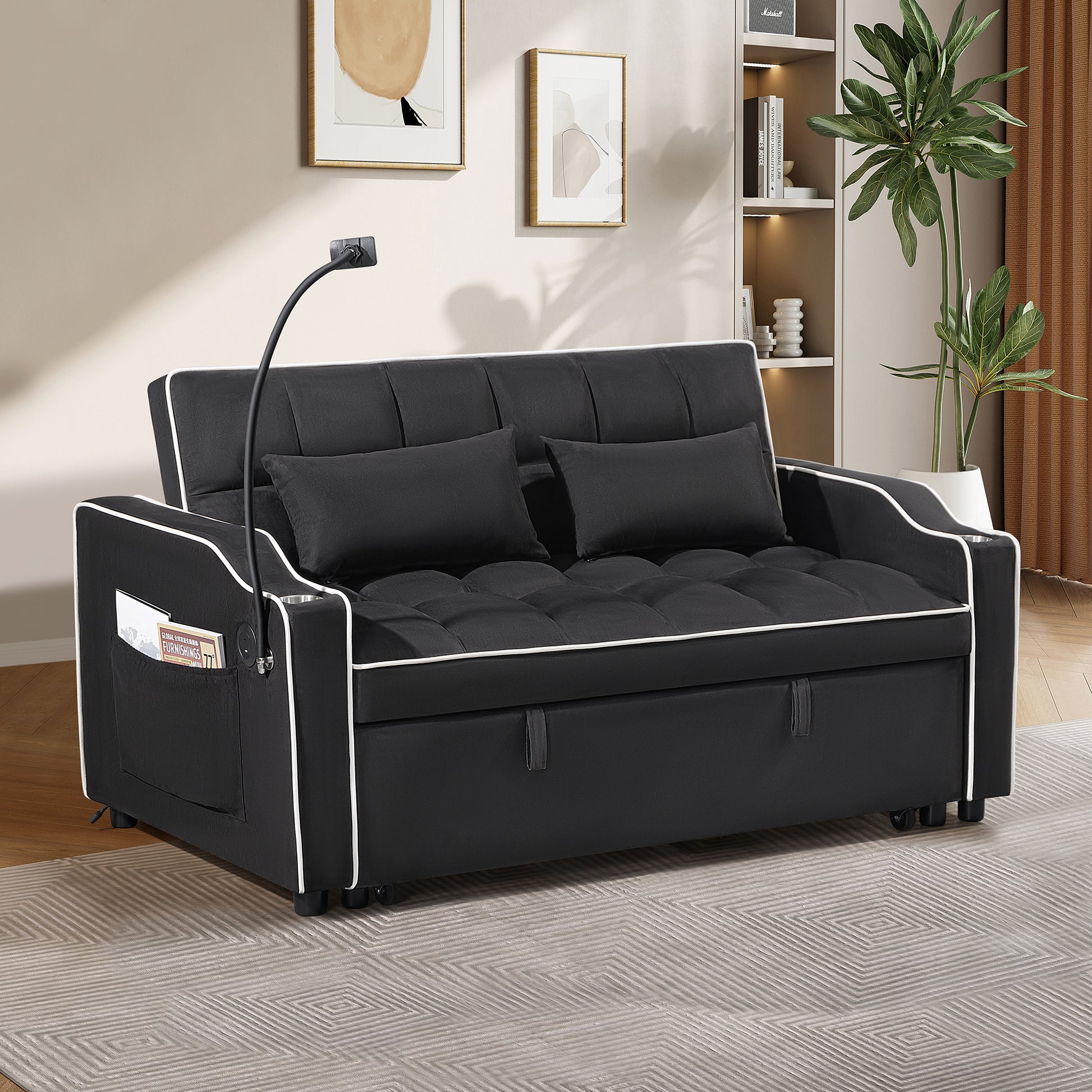 1 Multifunctional Foldable Sofa Bed In 3 Different Lengths, Modern Sofa, Upgraded Suede Fabric, Adjustable Backrest, With Usb Port, Ashtray, And Rotating Telephone Stand Black Suede Plywood 2 Seat