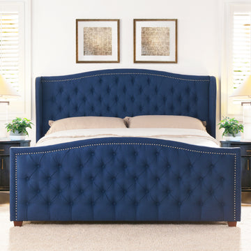 Marcella Upholstered Shelter Headboard Bed Set, King, Dark Sapphire Blue Woven Box Spring Required King Blue Wood Foam Polyester Fabric