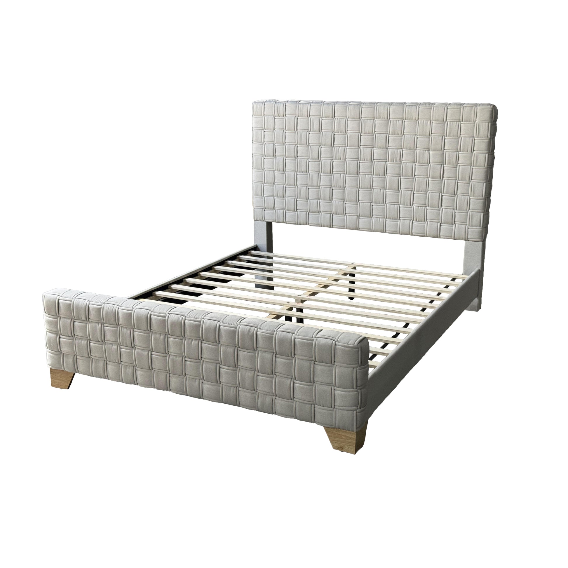 Fx D1Queenbed Include Light Beige Colorlinen & Rubber Wood Nature Color Legs &High Headboard Queen Light Beige Wood Fabric