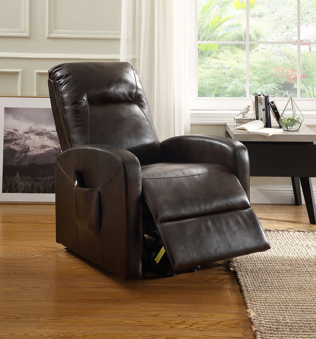 Espresso Power Lift Recliner Espresso Faux Leather Manual Push Button Metal Primary Living Space Tight Back Push Button Square Arms Wood Fabric