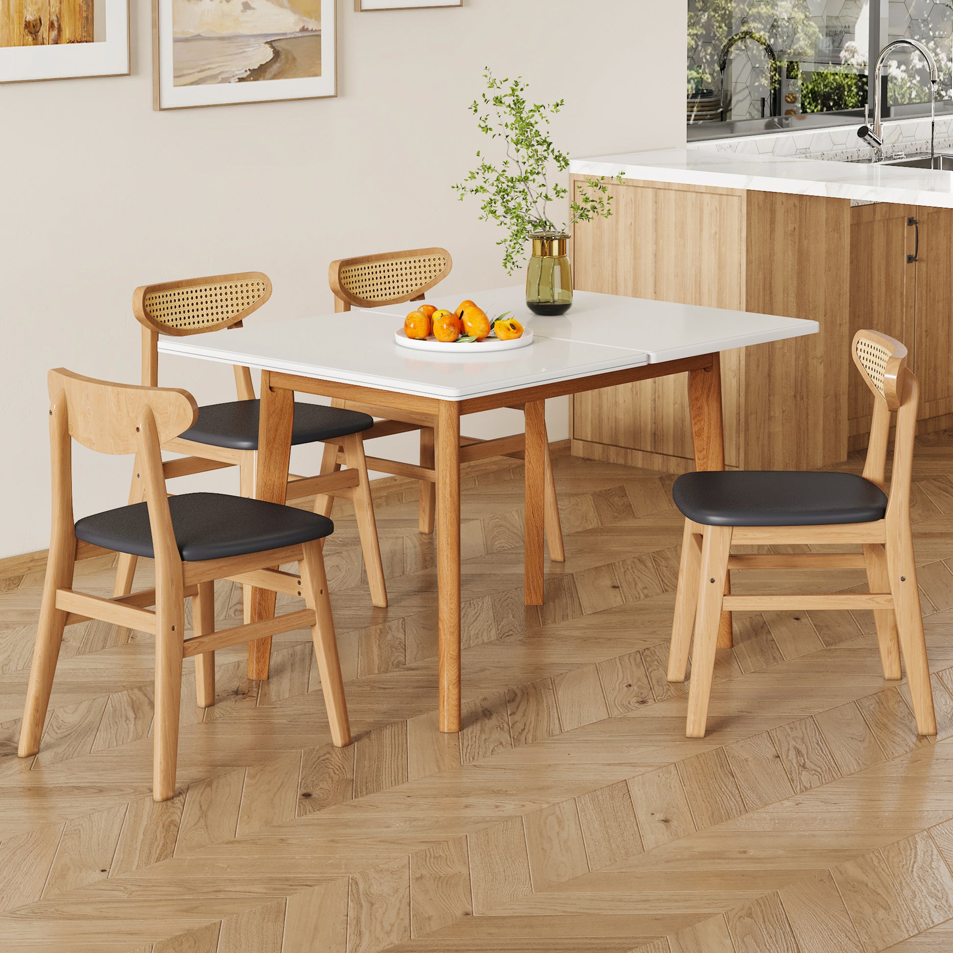 Table And Chair Set. White Sintered Stone Tabletop, Rubberwood Legs, Foldable Computer Desk, Foldable Desk. Solid Wood Dining Chair With Small Curved Backrest And Pu Cushions. Zd 1545 Dx 2361 Wood Seats 4 Wood