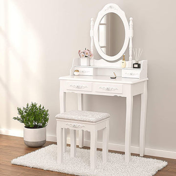 Vanity Table Set With 4 Drawer, Dressing Table W Cushioned Stool, Girls Women Bedroom Furniture Set Oval Mirror Jasmine White 4 Drawers Wood