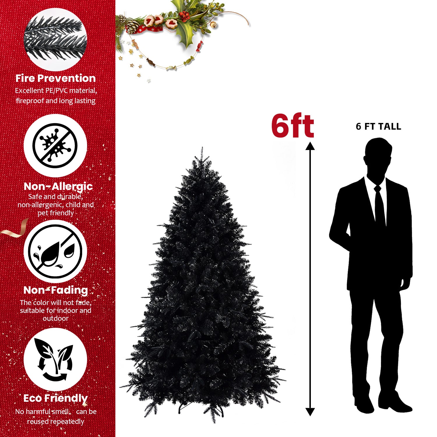 9Ft Pre Lit Black Christmas Tree, Full Halloween Xmas Artificial Tree 3176 Branch Tips, 750 Lights, Metal Hinges, Foldable Base, Holiday Decoration Black Black Polyethylene