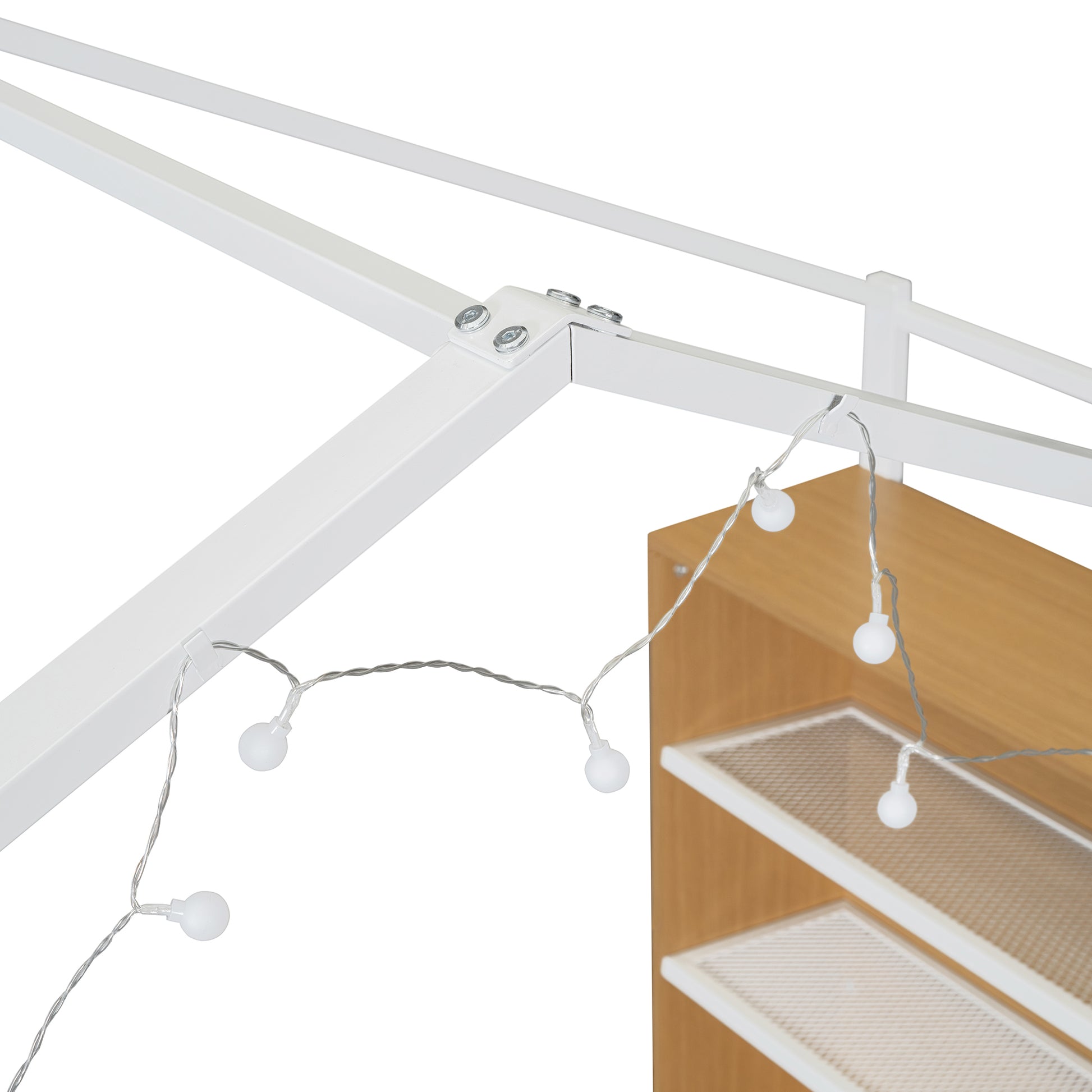Twin Size Metal Bed House Bed Frame With Shelves And Lights, White Twin White Metal & Wood