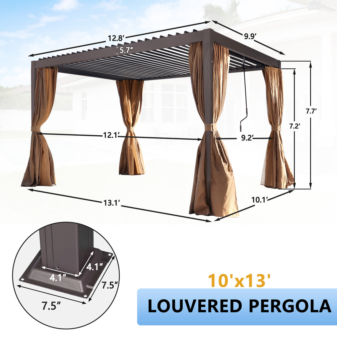 10' 13' Louvered Pergola With Adjustable Roof, With Curtain And Netting Brown Rectangular No Foundation Needed None Garden & Outdoor Classic Powder Coated Frame Gazebos Anchored Aluminium Alloy